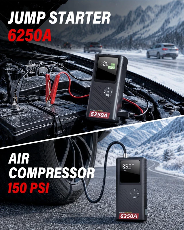 Alt view image 2 of 7 - JFEGWO 6250A Jump Starter with Air Compressor, Car Battery Jump Starter with Boost for All Gas / 6.5L Diesel, 150PSI Tire Inflator & Auto Shutoff, Smart Screen, Portable Jump Box, 36-Month Standby