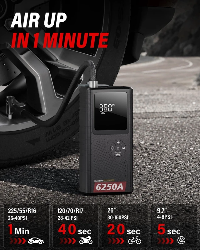 Alt view image 5 of 7 - JFEGWO 6250A Jump Starter with Air Compressor, Car Battery Jump Starter with Boost for All Gas / 6.5L Diesel, 150PSI Tire Inflator & Auto Shutoff, Smart Screen, Portable Jump Box, 36-Month Standby