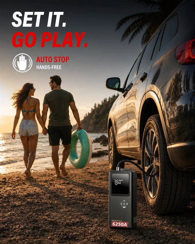 Alt view image 6 of 7 - JFEGWO 6250A Jump Starter with Air Compressor, Car Battery Jump Starter with Boost for All Gas / 6.5L Diesel, 150PSI Tire Inflator & Auto Shutoff, Smart Screen, Portable Jump Box, 36-Month Standby