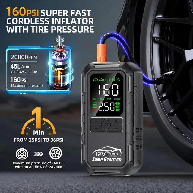 Alt view image 2 of 7 - 10-in-1 Car Battery Jump Starter with Air Compressor 8000A 160PSI Portable Car Jumper Starter (All Gas 12L Diesel), 12V Jump Box Car Battery Jump Starter Portable Jumper Cables, Lights (8000A)