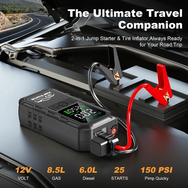 Alt view image 3 of 7 - 10-in-1 Car Battery Jump Starter with Air Compressor 8000A 160PSI Portable Car Jumper Starter (All Gas 12L Diesel), 12V Jump Box Car Battery Jump Starter Portable Jumper Cables, Lights (8000A)