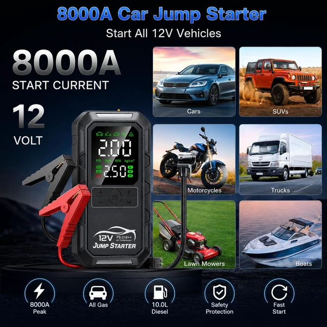 Alt view image 5 of 7 - 10-in-1 Car Battery Jump Starter with Air Compressor 8000A 160PSI Portable Car Jumper Starter (All Gas 12L Diesel), 12V Jump Box Car Battery Jump Starter Portable Jumper Cables, Lights (8000A)
