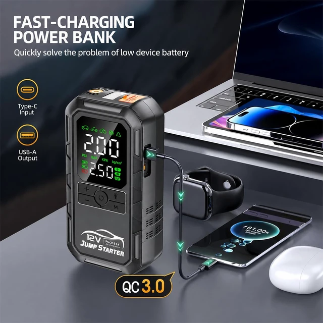 Alt view image 6 of 7 - 10-in-1 Car Battery Jump Starter with Air Compressor 8000A 160PSI Portable Car Jumper Starter (All Gas 12L Diesel), 12V Jump Box Car Battery Jump Starter Portable Jumper Cables, Lights (8000A)