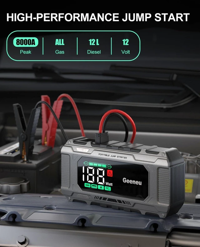 Alt view image 2 of 7 - Geeneu Car Battery Charger Jump Starter, 8000A Portable Jumper Starter with PD 65W Quick Charger, Jump Box 12V Battery Booster Jump Pack for All Gas/10L Diesel,Large Screen,150W DC, Lights