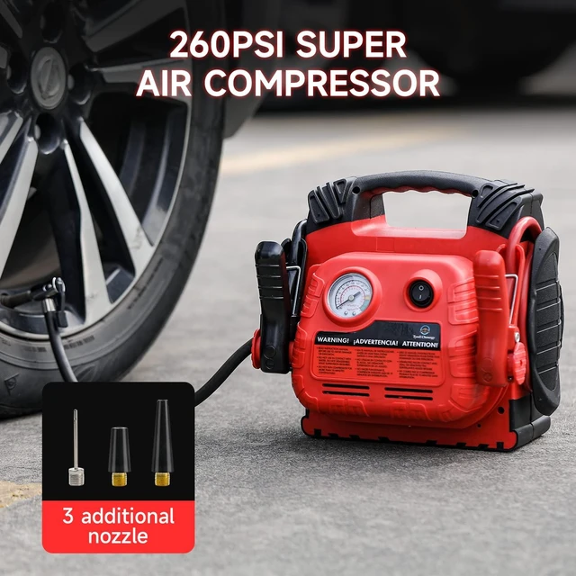 Alt view image 3 of 7 - Tyrell Chenergy Car Battery Jump Starter with Air Compressor Portable Tire Inflator,260PSI 1000Amp Battery Booster Jumper Box(Up to 5L Gas or 5L Diesel) Power Station 12V DC Outlet USB Port,LED Light