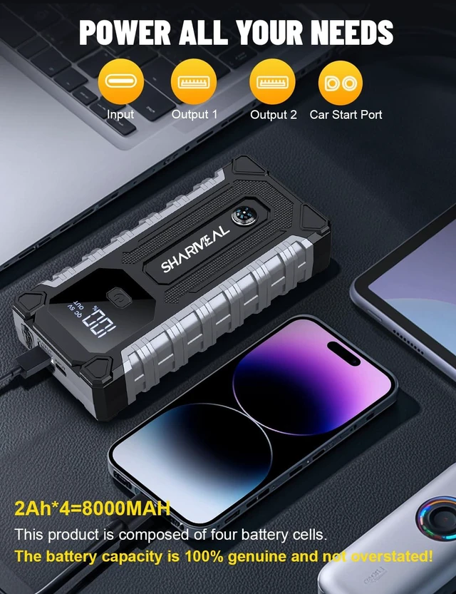 Alt view image 3 of 7 - Sharmeal Car Jump Starter 5000A, Jump Starter Battery Pack for 10.0L Gas and 10.0L Diesel, 12V Portable Jump Box with LED Light