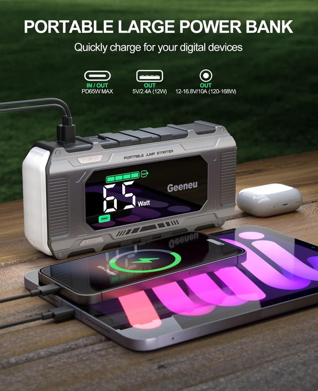 Alt view image 4 of 7 - Geeneu Car Battery Charger Jump Starter, 8000A Portable Jumper Starter with PD 65W Quick Charger, Jump Box 12V Battery Booster Jump Pack for All Gas/10L Diesel,Large Screen,150W DC, Lights