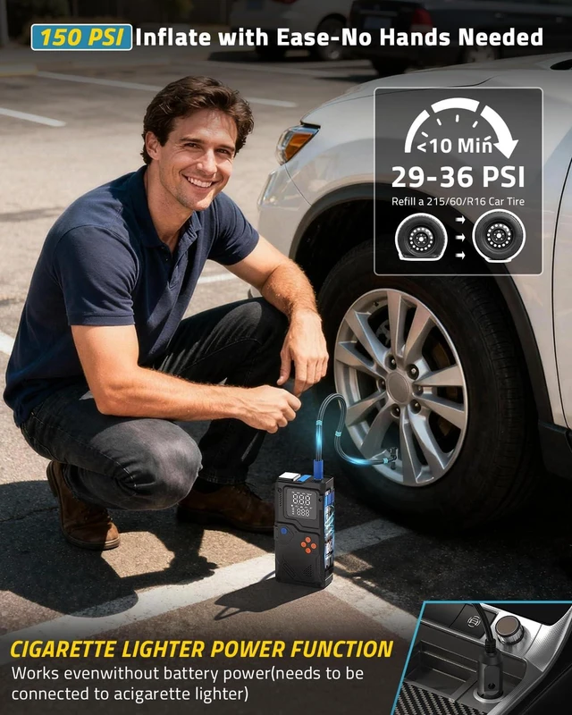 Alt view image 3 of 7 - PAULINN Jump Starter with Air Compressor, 150PSI 6000A Car Jumper Starter Portable(All Gas/10L Diesel) with Tire Inflator, 12V Charger Booster