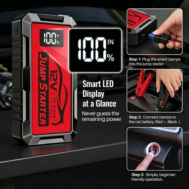 Alt view image 3 of 7 - 8000A Car Battery Jump Starter, Portable 12v Jumper Starter, Suitable Starter Cable with LED Display and LED Lights, Car Battery Jumper for 8l Gasoline and 10l Diesel Engines 10000mAh