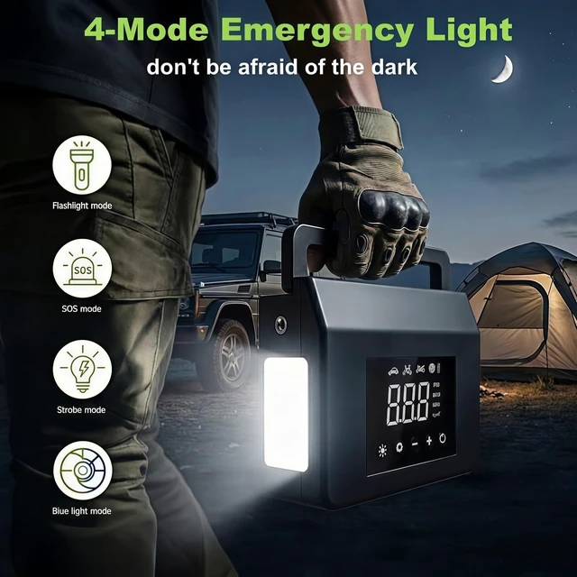 Alt view image 4 of 6 - Portable Car Battery Jump Starter with Air Compressor, 4-in-1 Jump Box | 4000A Peak Battery Emergency Booster Pack with 150PSI Cordless Auto-Shutoff Tire Inflator, Jumper Cables & LED Flashlight