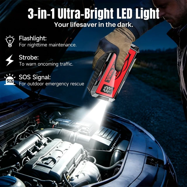 Alt view image 6 of 7 - 8000A Car Battery Jump Starter, Portable 12v Jumper Starter, Suitable Starter Cable with LED Display and LED Lights, Car Battery Jumper for 8l Gasoline and 10l Diesel Engines 10000mAh