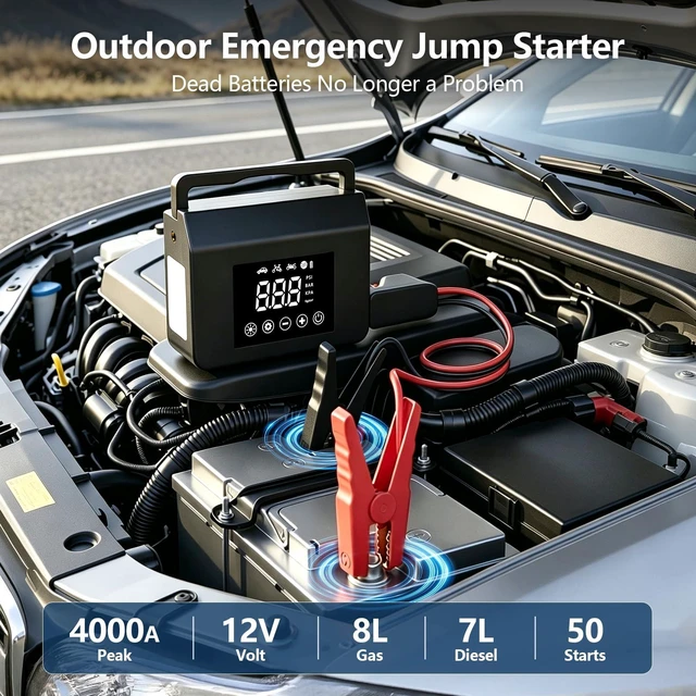 Alt view image 2 of 7 - FUNAURORE 4000A Car Battery Jump Starter with Air Compressor 150PSI | 8-in-1 Car Jump Starter, Auto Shutoff Tire Inflator, 12V Jump Box, Emergency Power Bank, LED Flashlight, 8.0L Gas/7.0L Diesel