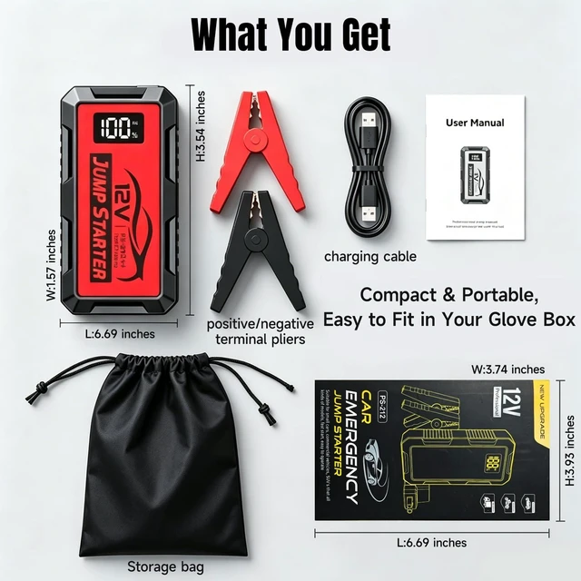 Alt view image 7 of 7 - 8000A Car Battery Jump Starter, Portable 12v Jumper Starter, Suitable Starter Cable with LED Display and LED Lights, Car Battery Jumper for 8l Gasoline and 10l Diesel Engines 10000mAh