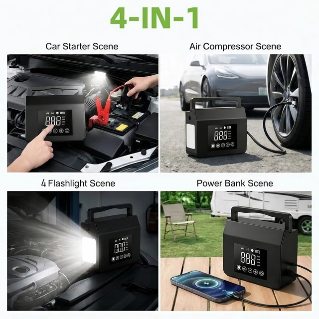 Alt view image 2 of 6 - Portable Car Battery Jump Starter with Air Compressor, 4-in-1 Jump Box | 4000A Peak Battery Emergency Booster Pack with 150PSI Cordless Auto-Shutoff Tire Inflator, Jumper Cables & LED Flashlight