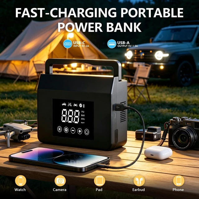 Alt view image 4 of 7 - FUNAURORE 4000A Car Battery Jump Starter with Air Compressor 150PSI | 8-in-1 Car Jump Starter, Auto Shutoff Tire Inflator, 12V Jump Box, Emergency Power Bank, LED Flashlight, 8.0L Gas/7.0L Diesel