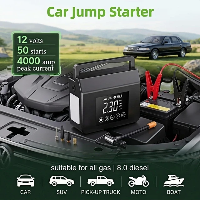 Alt view image 5 of 6 - Portable Car Battery Jump Starter with Air Compressor, 4-in-1 Jump Box | 4000A Peak Battery Emergency Booster Pack with 150PSI Cordless Auto-Shutoff Tire Inflator, Jumper Cables & LED Flashlight