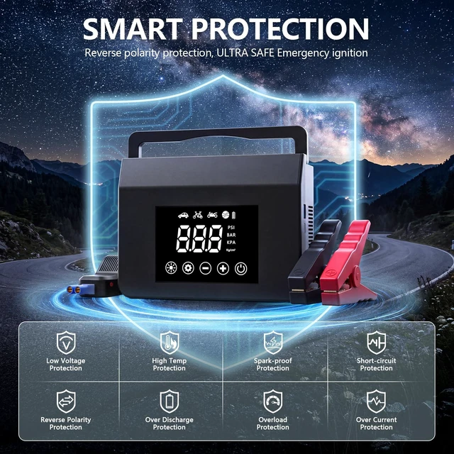 Alt view image 6 of 7 - FUNAURORE 4000A Car Battery Jump Starter with Air Compressor 150PSI | 8-in-1 Car Jump Starter, Auto Shutoff Tire Inflator, 12V Jump Box, Emergency Power Bank, LED Flashlight, 8.0L Gas/7.0L Diesel