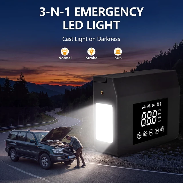 Alt view image 5 of 7 - FUNAURORE 4000A Car Battery Jump Starter with Air Compressor 150PSI | 8-in-1 Car Jump Starter, Auto Shutoff Tire Inflator, 12V Jump Box, Emergency Power Bank, LED Flashlight, 8.0L Gas/7.0L Diesel