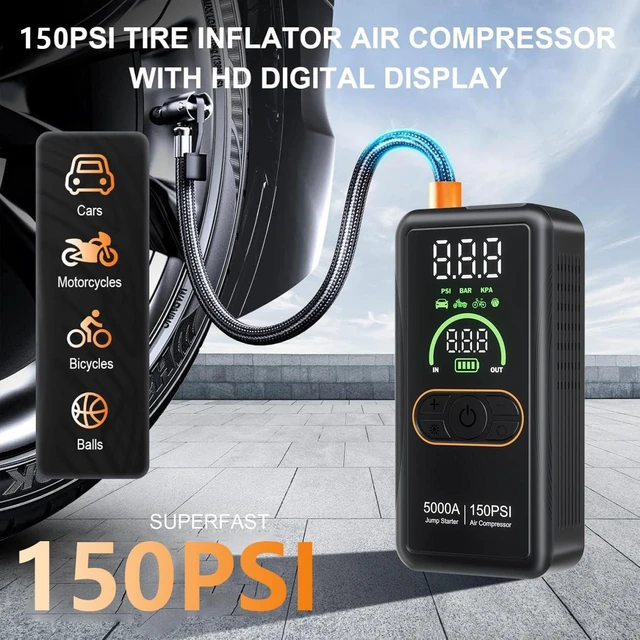 Alt view image 2 of 7 - 5000A Jump Starter with Air Compressor, Portable Car Battery Jump Starter, 150 PSI Tire Inflator, 12V Jump Box for 8.0L Gas/6.5L Diesel, Auto Shut Off, LCD Display