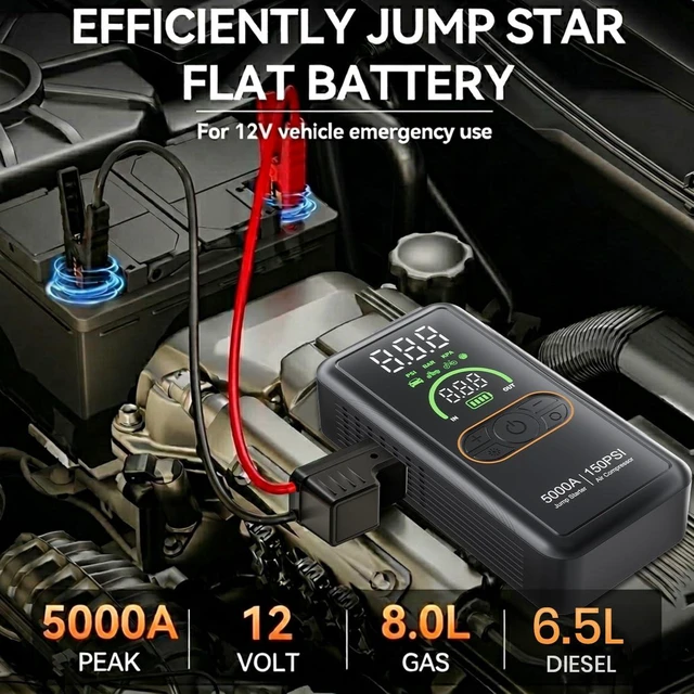 Alt view image 3 of 7 - 5000A Jump Starter with Air Compressor, Portable Car Battery Jump Starter, 150 PSI Tire Inflator, 12V Jump Box for 8.0L Gas/6.5L Diesel, Auto Shut Off, LCD Display