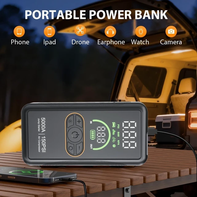 Alt view image 4 of 7 - 5000A Jump Starter with Air Compressor, Portable Car Battery Jump Starter, 150 PSI Tire Inflator, 12V Jump Box for 8.0L Gas/6.5L Diesel, Auto Shut Off, LCD Display