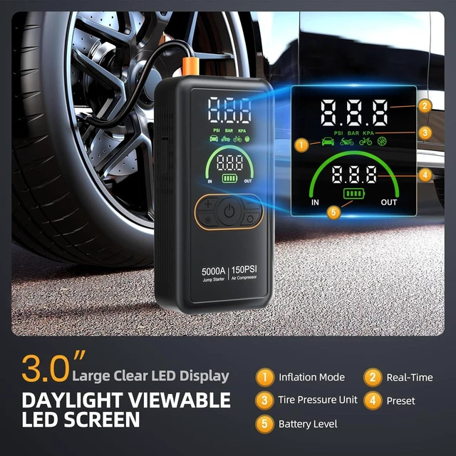 Alt view image 6 of 7 - 5000A Jump Starter with Air Compressor, Portable Car Battery Jump Starter, 150 PSI Tire Inflator, 12V Jump Box for 8.0L Gas/6.5L Diesel, Auto Shut Off, LCD Display