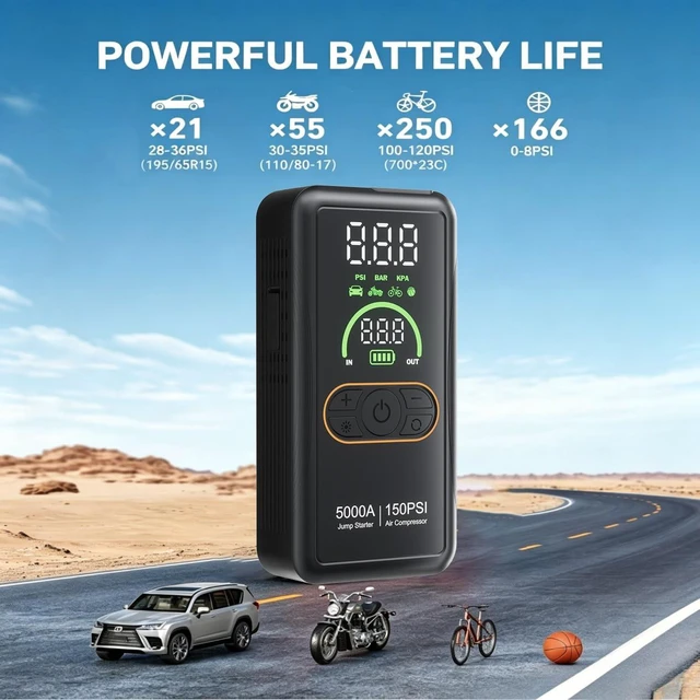 Alt view image 7 of 7 - 5000A Jump Starter with Air Compressor, Portable Car Battery Jump Starter, 150 PSI Tire Inflator, 12V Jump Box for 8.0L Gas/6.5L Diesel, Auto Shut Off, LCD Display