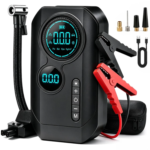 Main image of 9000A Jump Starter with Air Compressor, 12V Car Battery Jump Box | 150 PSI Portable Tire Inflator/Air Pump with Auto-Shut off, 500LM Light, Smart Clamps, LCD Display and Power Bank