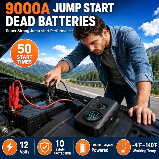 Alt view image 2 of 7 - 9000A Jump Starter with Air Compressor, 12V Car Battery Jump Box | 150 PSI Portable Tire Inflator/Air Pump with Auto-Shut off, 500LM Light, Smart Clamps, LCD Display and Power Bank