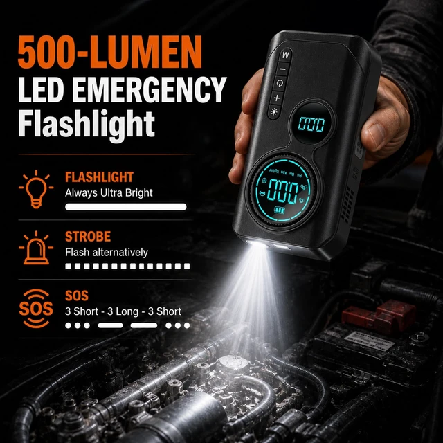 Alt view image 4 of 7 - 9000A Jump Starter with Air Compressor, 12V Car Battery Jump Box | 150 PSI Portable Tire Inflator/Air Pump with Auto-Shut off, 500LM Light, Smart Clamps, LCD Display and Power Bank