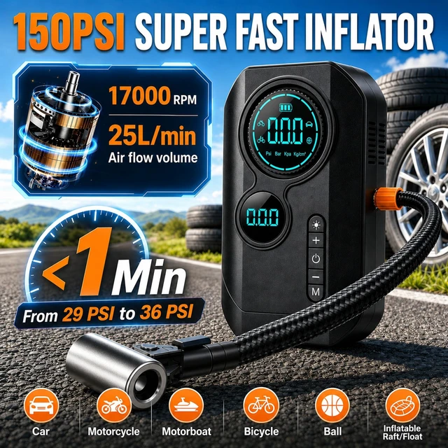 Alt view image 3 of 7 - 9000A Jump Starter with Air Compressor, 12V Car Battery Jump Box | 150 PSI Portable Tire Inflator/Air Pump with Auto-Shut off, 500LM Light, Smart Clamps, LCD Display and Power Bank