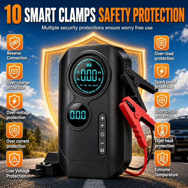 Alt view image 6 of 7 - 9000A Jump Starter with Air Compressor, 12V Car Battery Jump Box | 150 PSI Portable Tire Inflator/Air Pump with Auto-Shut off, 500LM Light, Smart Clamps, LCD Display and Power Bank