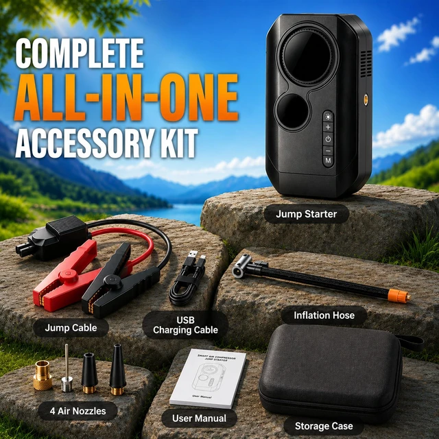 Alt view image 7 of 7 - 9000A Jump Starter with Air Compressor, 12V Car Battery Jump Box | 150 PSI Portable Tire Inflator/Air Pump with Auto-Shut off, 500LM Light, Smart Clamps, LCD Display and Power Bank