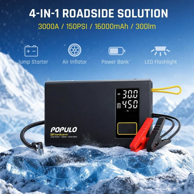 Alt view image 2 of 7 - POPULO Car Jump Starter with Air Compressor, 12V 59.2Wh Portable Booster Pack Box with 150PSI Digital Tire Inflator, Extended Smart Clamps, 3000A 4-in-1 Auto Battery Starter (All Gas/12L Diesel)