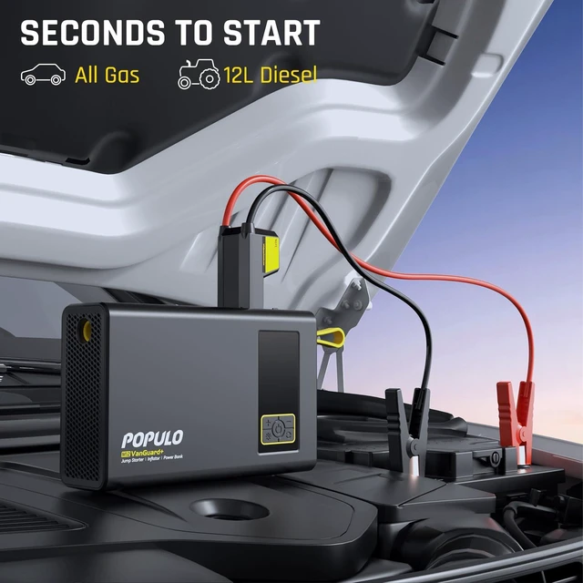 Alt view image 3 of 7 - POPULO Car Jump Starter with Air Compressor, 12V 59.2Wh Portable Booster Pack Box with 150PSI Digital Tire Inflator, Extended Smart Clamps, 3000A 4-in-1 Auto Battery Starter (All Gas/12L Diesel)