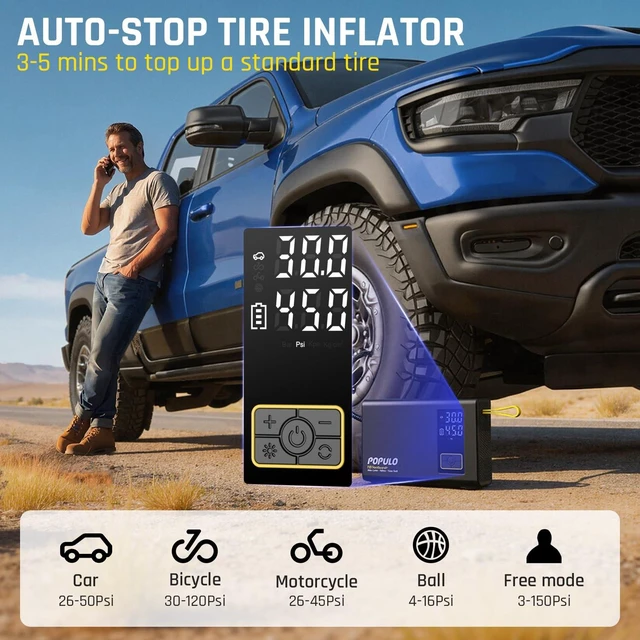 Alt view image 4 of 7 - POPULO Car Jump Starter with Air Compressor, 12V 59.2Wh Portable Booster Pack Box with 150PSI Digital Tire Inflator, Extended Smart Clamps, 3000A 4-in-1 Auto Battery Starter (All Gas/12L Diesel)