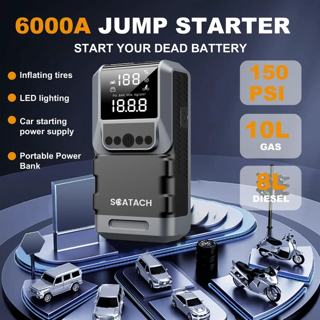 Alt view image 2 of 7 - Jump Starter with Air Compressor, 6000A 150PSI Tire Inflator | Battery Jumper Starter Portable (10.0 Gas/8.0L Diesel) 12V Jump Box with Jumper Cables, LED Light, LED Display