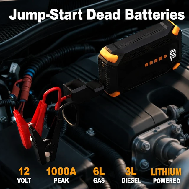 Alt view image 2 of 7 - 1000A 12V Jump Starter with Air Compressor, Portable Battery Booster Pack | 1.8lb body for 6L gas/3L diesel engines with auto shut-off, LCD display, LED emergency light, USB power bank