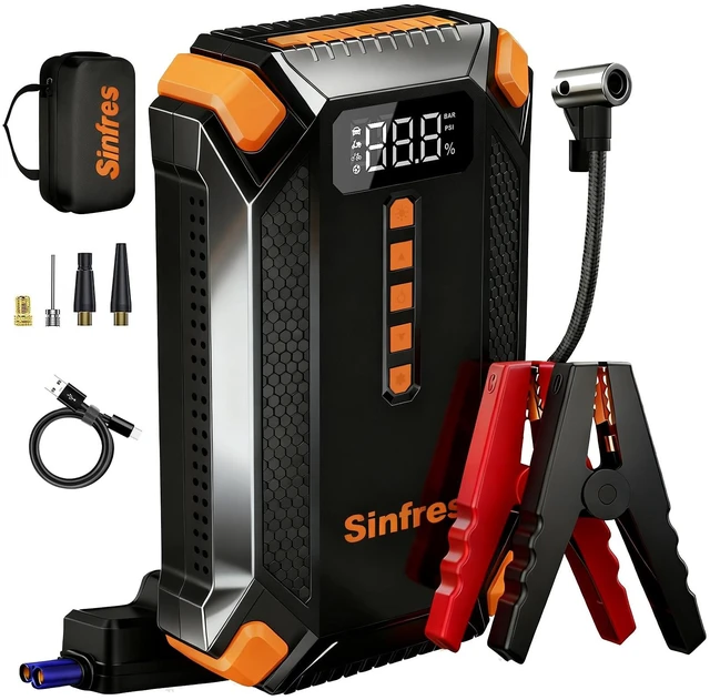 Main image of 1000A 12V Jump Starter with Air Compressor, Portable Battery Booster Pack | 1.8lb body for 6L gas/3L diesel engines with auto shut-off, LCD display, LED emergency light, USB power bank