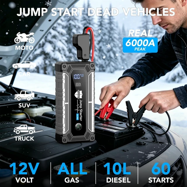 Alt view image 2 of 7 - 6000A Jump Starter, Portable Jump Starters 12V Car Battery Booster Jump Box Pack for All Gas & 10.0L Diesel Engines with 3 Modes Flashlight and Jumper Cables