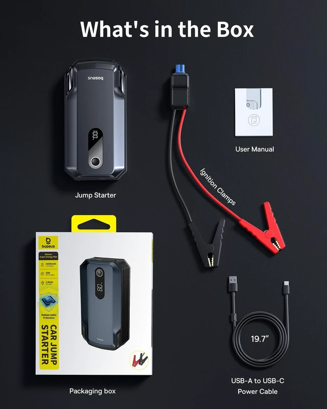 Alt view image 6 of 7 - Baseus 8000A Jump Starter, 20000mAh Portable Jump Starter Battery Pack, 12V Car Battery 5 in 1 Jump Starter with 30W Fast Charging and LED Display, for Up to 10.0L Gas 6.0L Diesel Engines