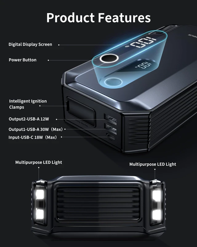 Alt view image 7 of 7 - Baseus 8000A Jump Starter, 20000mAh Portable Jump Starter Battery Pack, 12V Car Battery 5 in 1 Jump Starter with 30W Fast Charging and LED Display, for Up to 10.0L Gas 6.0L Diesel Engines