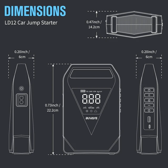 Alt view image 6 of 7 - 4500A Car Jump Starter with Air Compressor, 150PSI Car Battery Jump Starter (All Gas), 12V Portable Battery Booster, Tire Inflator, Portable Charger with Jumper Cables, Lights in EVA Bag