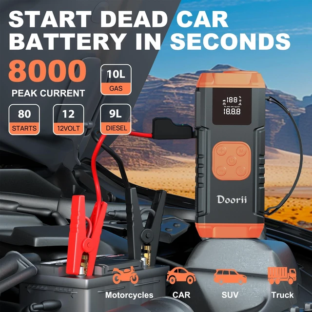 Alt view image 2 of 7 - 8000A Jump Starter with Air Compressor, 10-in-1 Car Battery Jump Starter Shiny Orange for Up to 10.0L Gas & 9.0L Diesel Engines, 150PSI Tire Inflator with Auto Shut-Off, LED Emergency Light