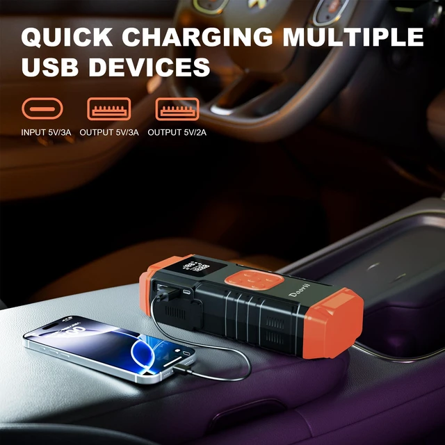 Alt view image 4 of 7 - 8000A Jump Starter with Air Compressor, 10-in-1 Car Battery Jump Starter Shiny Orange for Up to 10.0L Gas & 9.0L Diesel Engines, 150PSI Tire Inflator with Auto Shut-Off, LED Emergency Light