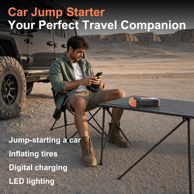 Alt view image 6 of 7 - 8000A Jump Starter with Air Compressor, 10-in-1 Car Battery Jump Starter Shiny Orange for Up to 10.0L Gas & 9.0L Diesel Engines, 150PSI Tire Inflator with Auto Shut-Off, LED Emergency Light