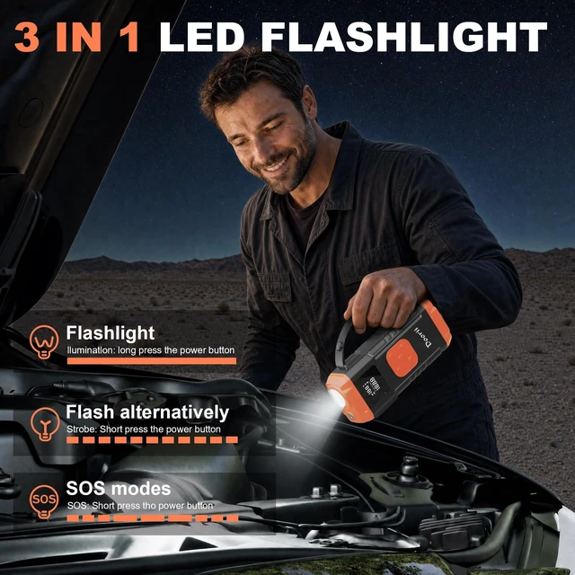 Alt view image 5 of 7 - 8000A Jump Starter with Air Compressor, 10-in-1 Car Battery Jump Starter Shiny Orange for Up to 10.0L Gas & 9.0L Diesel Engines, 150PSI Tire Inflator with Auto Shut-Off, LED Emergency Light