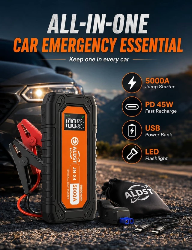 Alt view image 7 of 7 - ALDST Jump Starter 5000A, 1Hour Fast Charging, Car Battery Jumper Pack | Portable 12V Power Bank for 9.0L Gas 8.0L Diesel, PD45W, 10000mAh, LED Display, Flashlight for Cars Trucks Motorcycles RVs