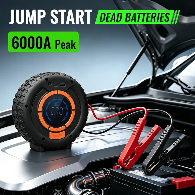 Alt view image 2 of 7 - Car Jump Starter with Air Compressor 12V Lithium Battery Booster Pack, Emergency Jump Box for Car Battery, Fast Charging Power Bank with Digital Display and LED Light for Roadside Emergencies