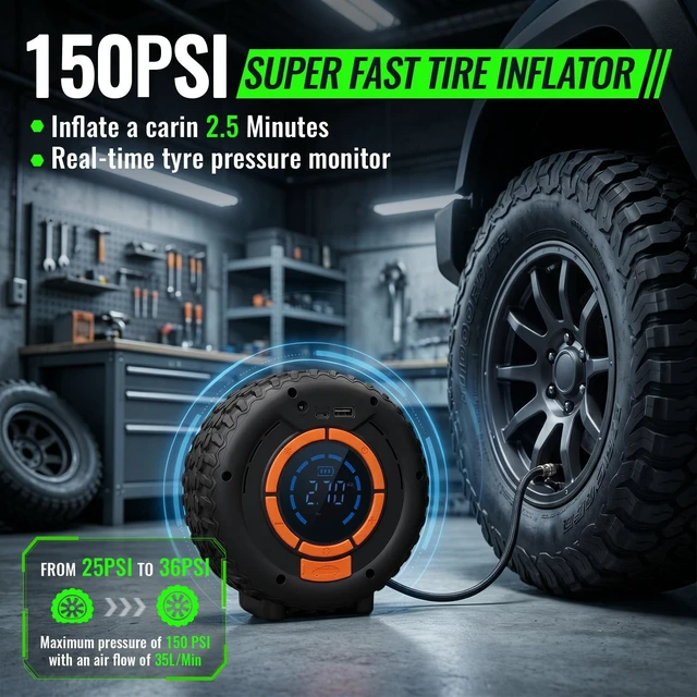 Alt view image 4 of 7 - Car Jump Starter with Air Compressor 12V Lithium Battery Booster Pack, Emergency Jump Box for Car Battery, Fast Charging Power Bank with Digital Display and LED Light for Roadside Emergencies